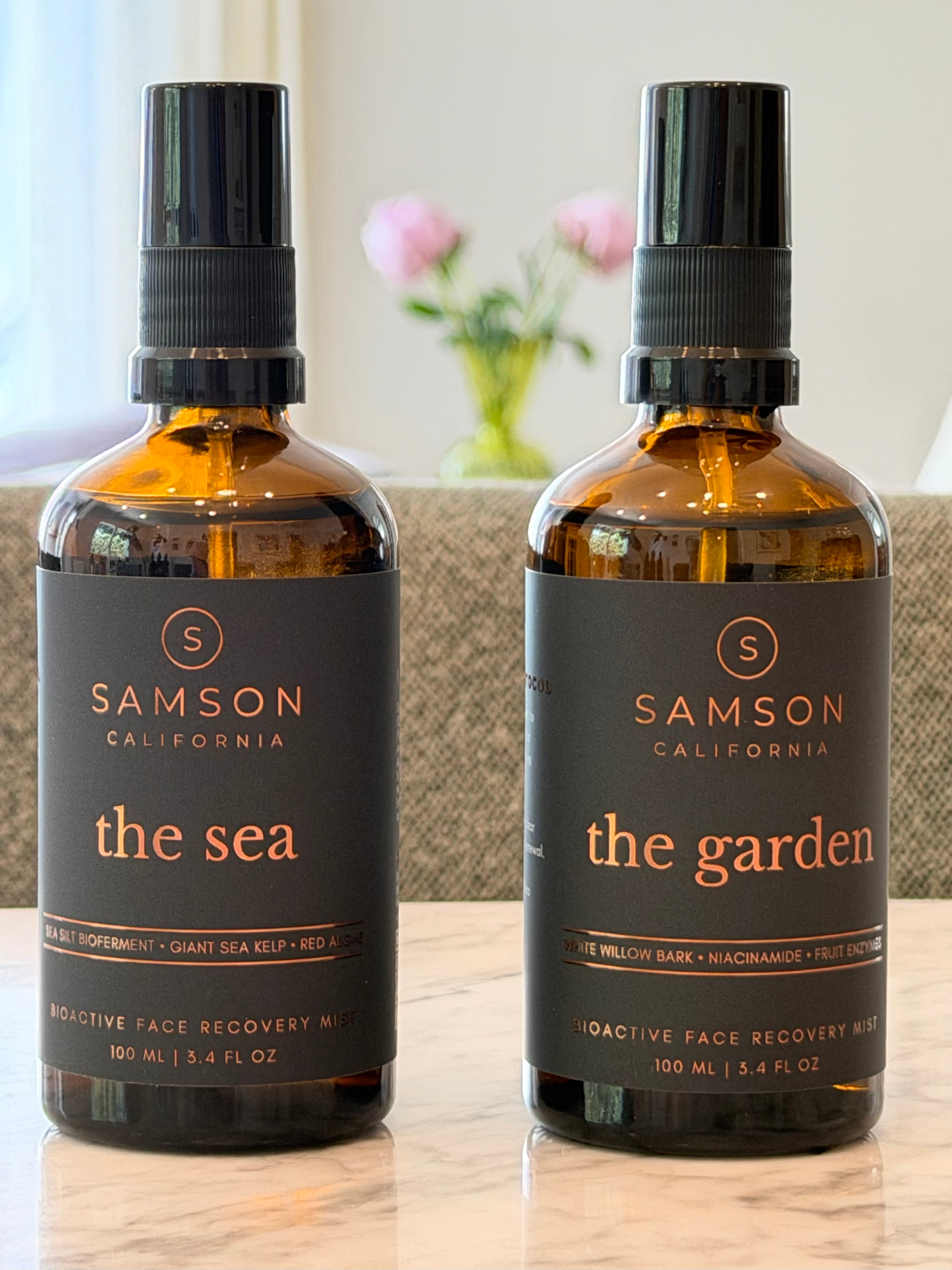Samson California Dual Phase Protocol featuring The Sea and The Garden Bioactive Face Recovery Mists in premium amber glass bottles with black fine-mist actuators