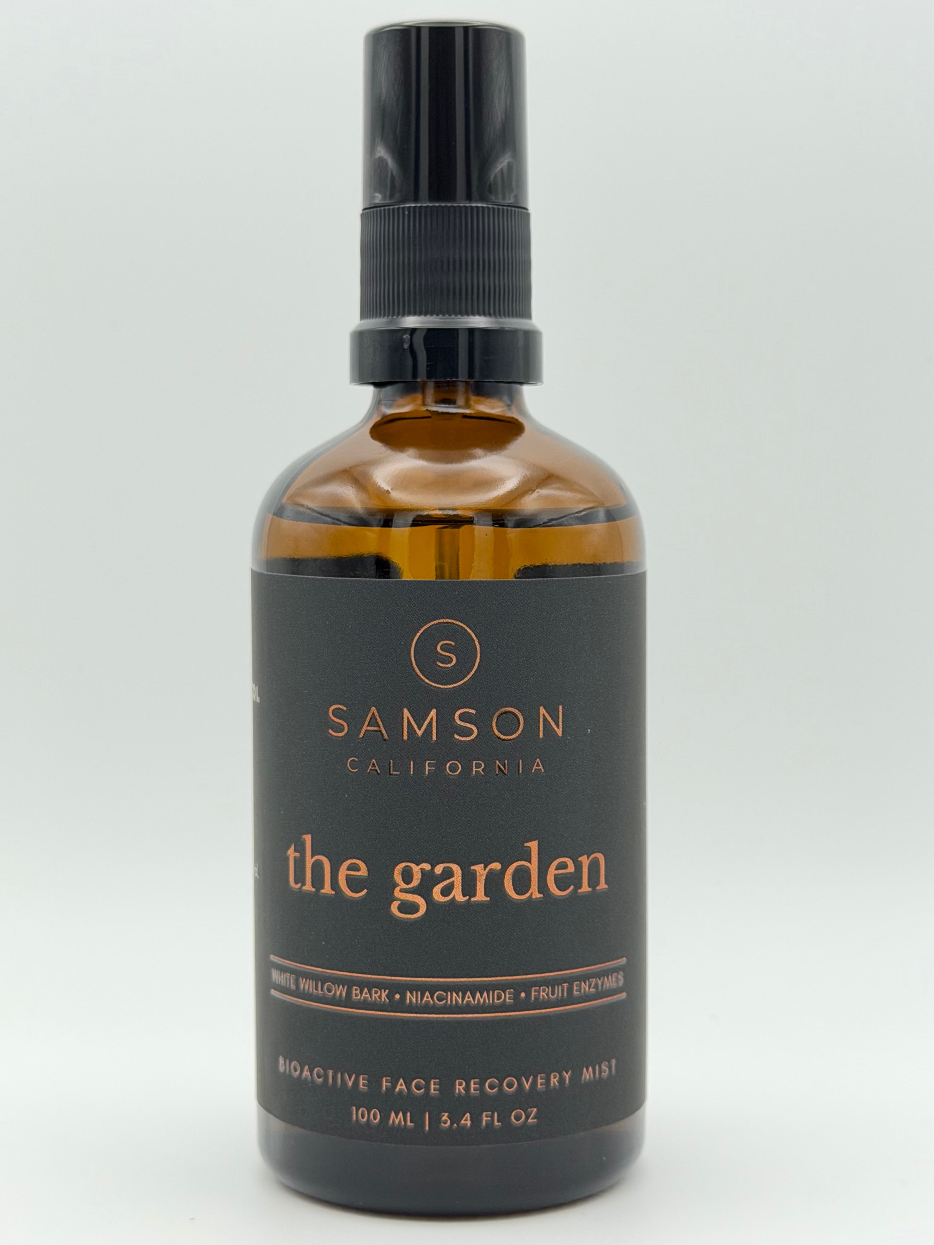 Samson California The Garden Bioactive Face Recovery Mist in a premium amber glass bottle with a black fine-mist actuator