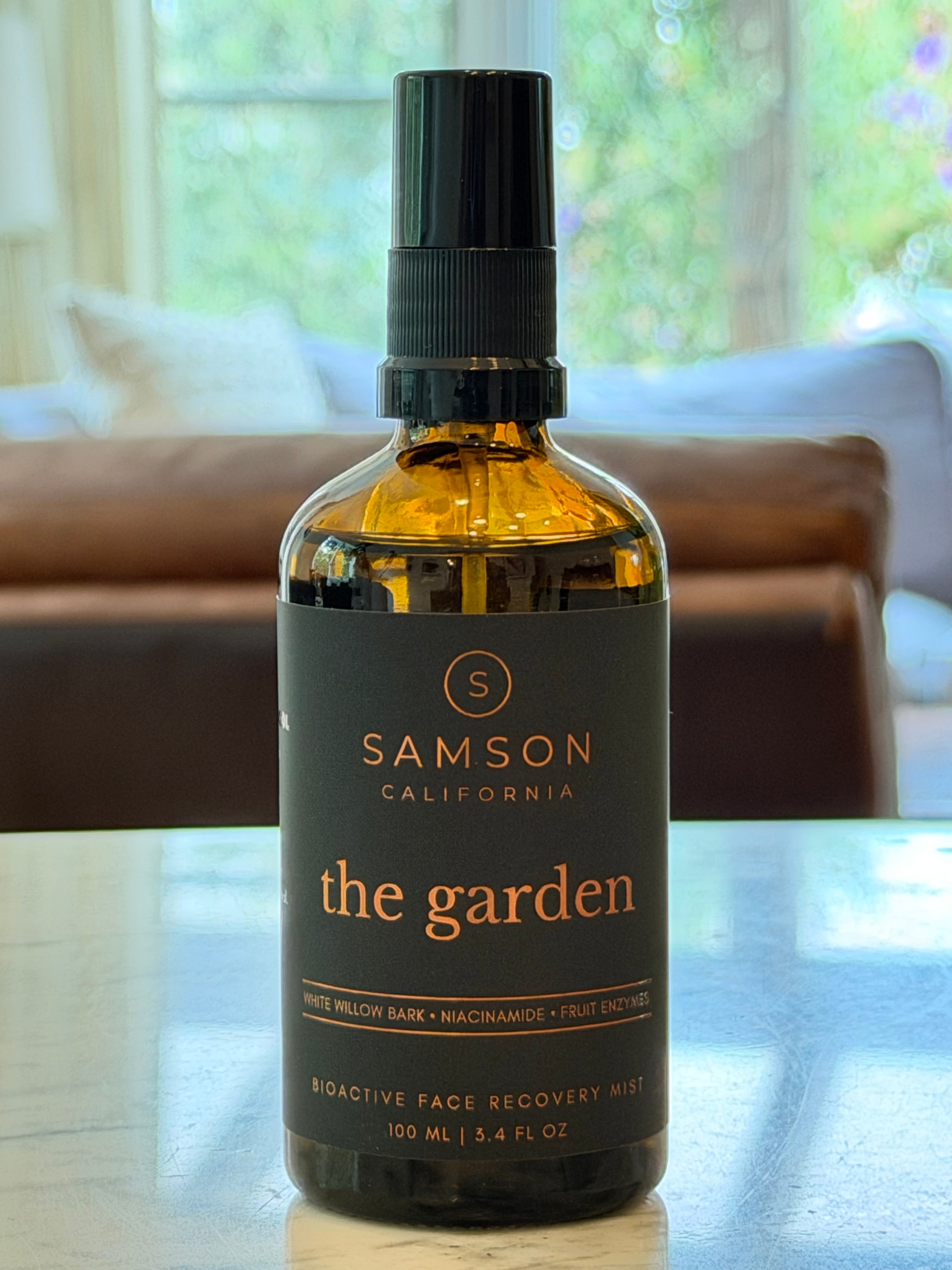 Samson California The Garden Bioactive Face Recovery Mist in a premium amber glass bottle with a black fine-mist actuator
