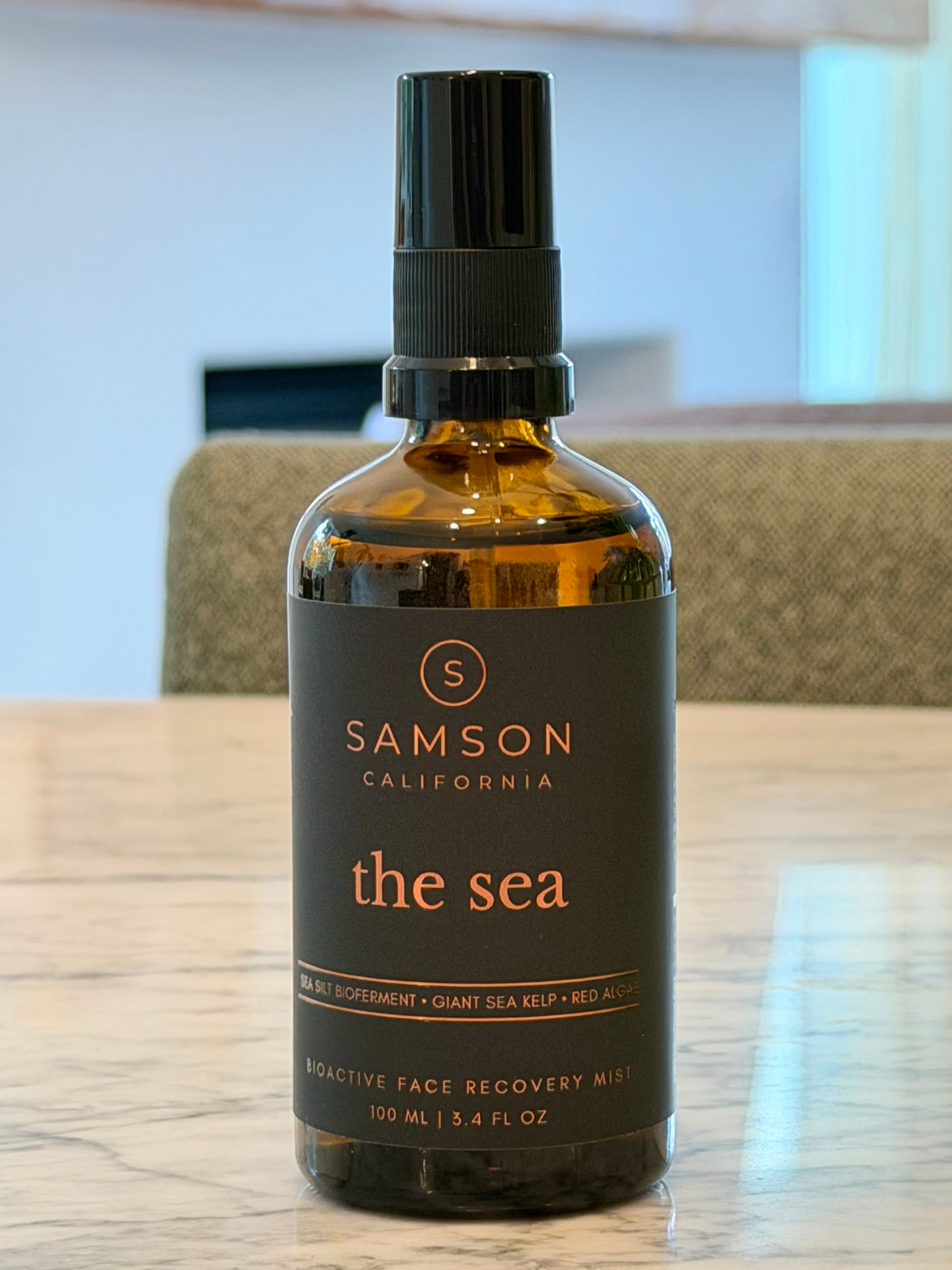 Samson California The Sea Bioactive Face Recovery Mist in a premium amber glass bottle with a black fine-mist actuator